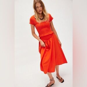 Free People Braveheart Solid Set Smocked Top Midi Skirt